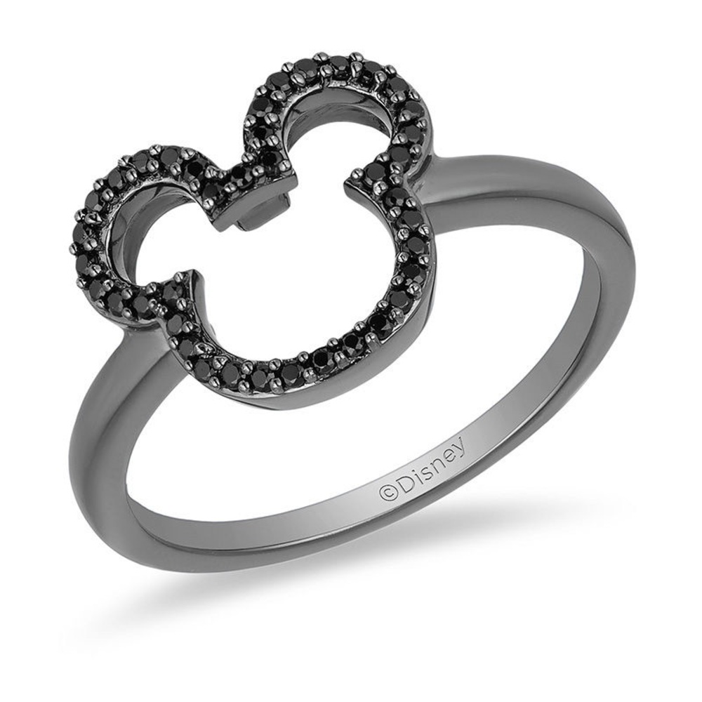 Mickey Mouse & Minnie Mouse 0.148 CT. T.W. black Diamond Ring. Sz 7